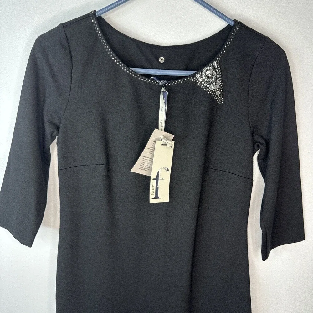 Ferrante Italian Dress Sz XS Rhinestone Detail Black Viscose Made In Italy NWT - Picture 2 of 15